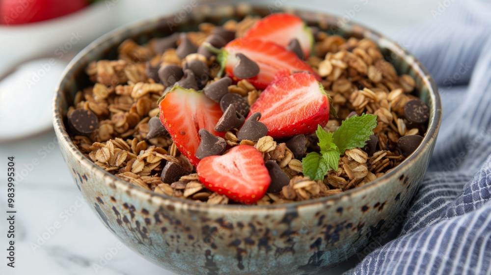Fototapeta premium Delicious granola topped with fresh strawberries and chocolate chips in a rustic bowl on a marble background