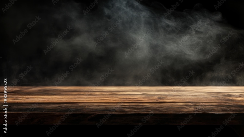 An empty wooden table in a dark atmospheric space with soft smoke gently rising adding an air of mystery and calm An empty wooden table in a dark atmospheric space with soft smoke gently rising adding an air of mystery and calm