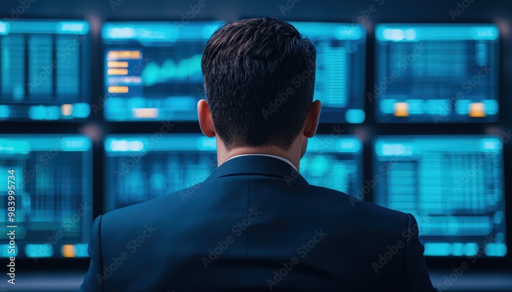 A person in a suit observes multiple screens displaying data analytics in a high-tech environment. A person in a suit observes multiple screens displaying data analytics in a high-tech environment.