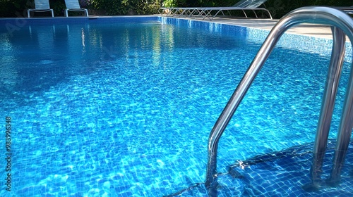 Crystal clear swimming pool with a metal ladder 