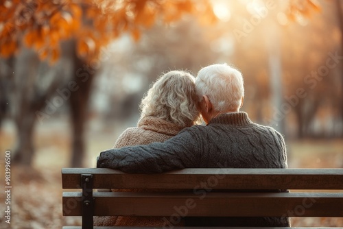 Wallpaper Mural A senior couple sitting on a bench in a park, viewed from behind, during autumn, with a bokeh background and golden hour lighting.
 Torontodigital.ca