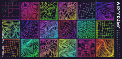 Colorful wireframe shapes, lined perspective mesh, 3d grid. Low poly geometric elements. Retro futuristic design elements, y2k, vaporwave and synthwave style. Vector illustration