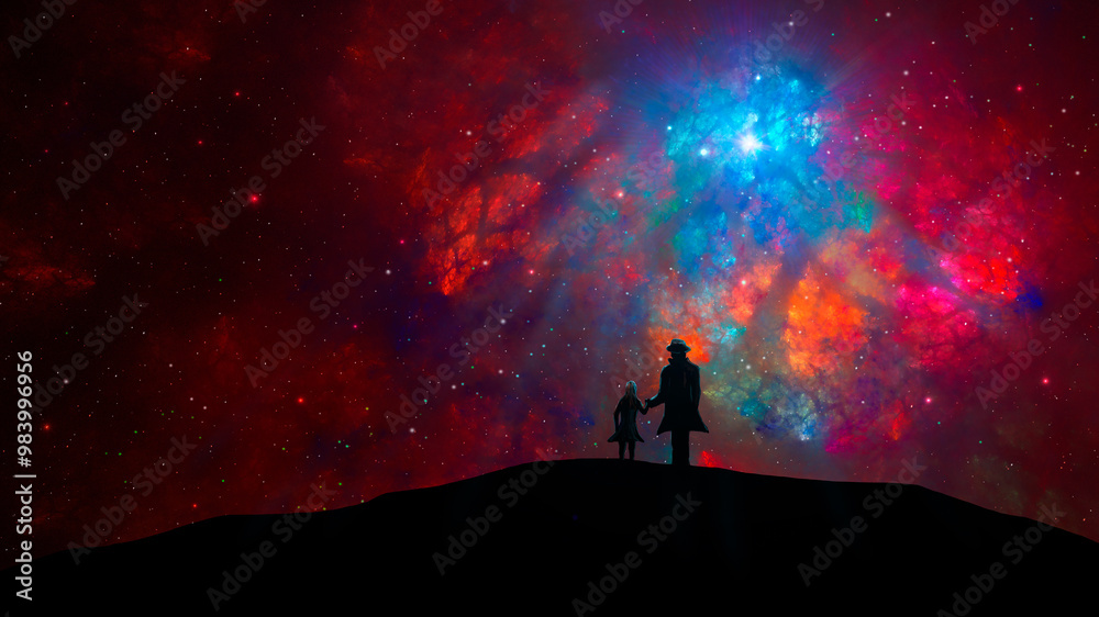Fototapeta premium Space background. Man and girl silhouette walking on land with colorful fractal nebula and starfield. Father and daughter parents concept. Digital painting, 3D rendering