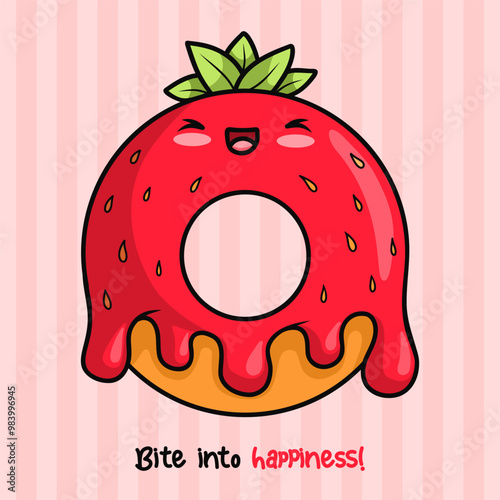 Cute sweet strawberry donut with drops of falling red glaze. Funny card with kawaii character berry baking. Vector illustration. Kids collection