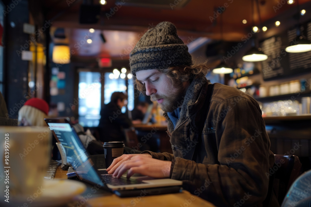 A young man coding on a laptop while sipping coffee in a cozy coffee shop during a bustling afternoon A young man coding on a laptop while sipping coffee in a cozy coffee shop during a bustling afternoon