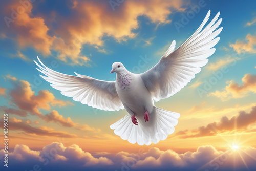 A peace dove flies in the quiet sunset sky photo