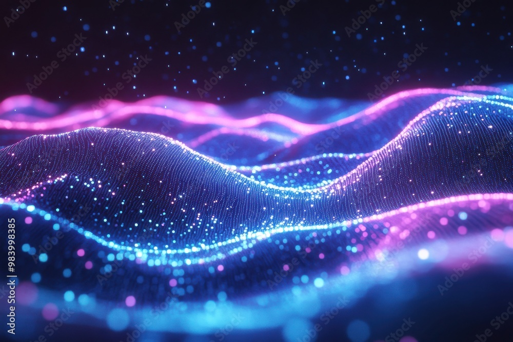 Design a futuristic, 3D digital landscape with a flowing wave pattern made up of tiny glowing Design a futuristic, 3D digital landscape with a flowing wave pattern made up of tiny glowing