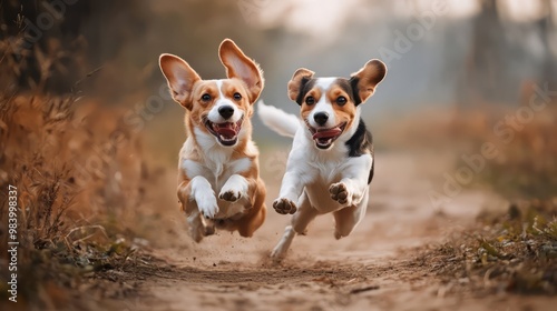 Two adorable Beagles bound through an autumnal landscape