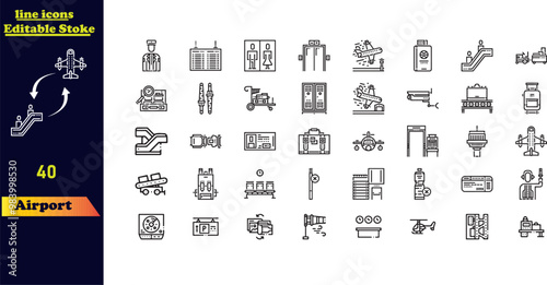 Airport stroke icon collection featuring icons for airport, customs, immigration law, boarding pass, landing, check-in, stairs, senior travelers, and trolleys.