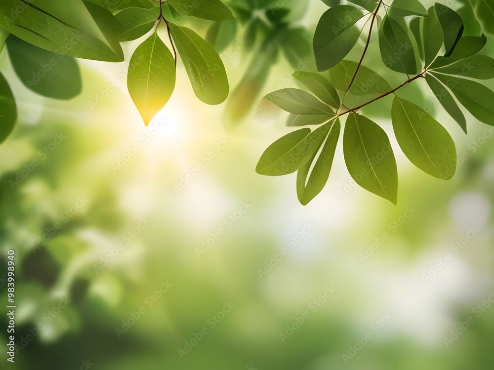 A fresh and calming background featuring vibrant green leaves with soft sunlight filtering through, creating a bright and natural atmosphere, ideal for eco-friendly or wellness-themed banners
