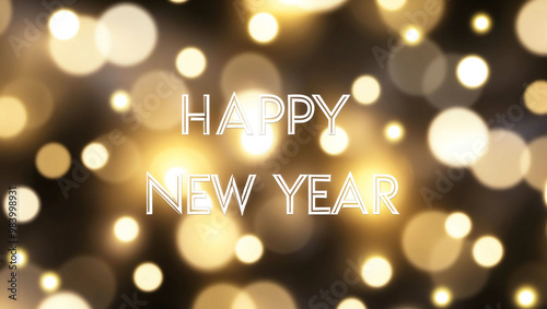 happy new year lettering on blurred lights bokeh background