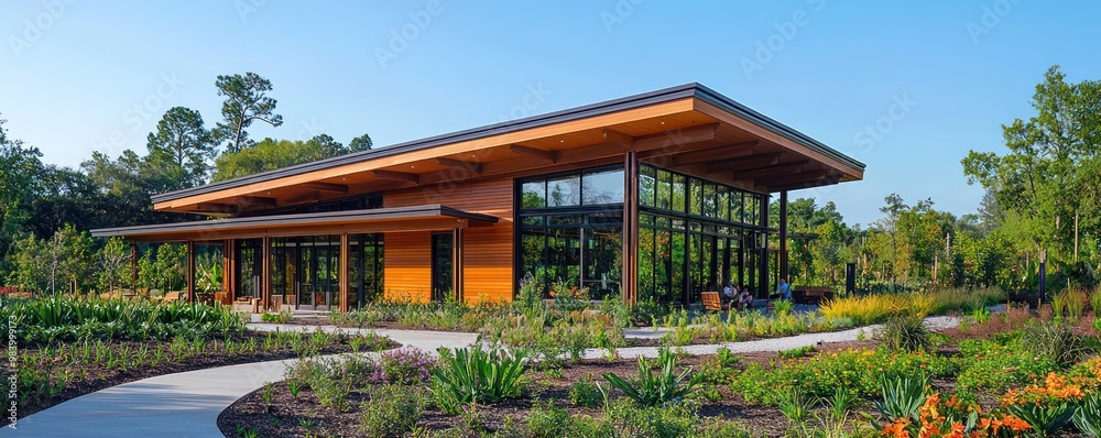 A botanical garden visitor center with James Hardie siding, set within expansive gardens, designed to welcome guests with a structure that is both eco-friendly and visually appealing A botanical garden visitor center with James Hardie siding, set within expansive gardens, designed to welcome guests with a structure that is both eco-friendly and visually appealing