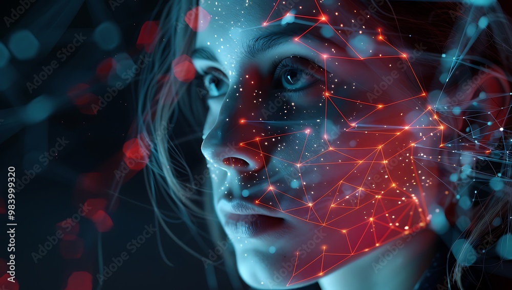 A woman with an AI digital face and glowing connections, symbolizing the integration of technology in human experience. , shot by Sony Alpha A7 III camera with Zeiss Batis lens, movie lighting, photor A woman with an AI digital face and glowing connections, symbolizing the integration of technology in human experience. , shot by Sony Alpha A7 III camera with Zeiss Batis lens, movie lighting, photor