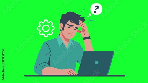 man is having a headache in front of laptop with green screen