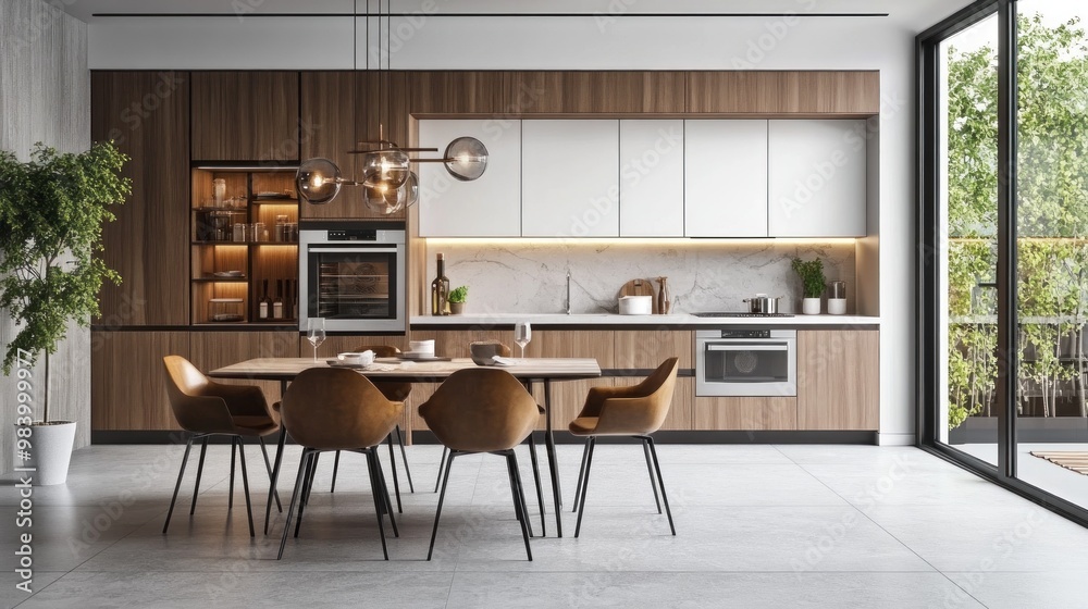 Fototapeta premium Modern Kitchen with Dining Area and Glass Doors Leading to a Patio