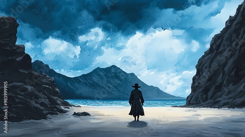 Pirate ghost, wandering a deserted beach, lost in time, Watercolor style, Halloween Pirates photo