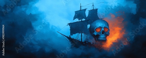 Pirate ship under attack by ghostly sea creatures, eerie ocean, Watercolor style, Halloween Pirates photo