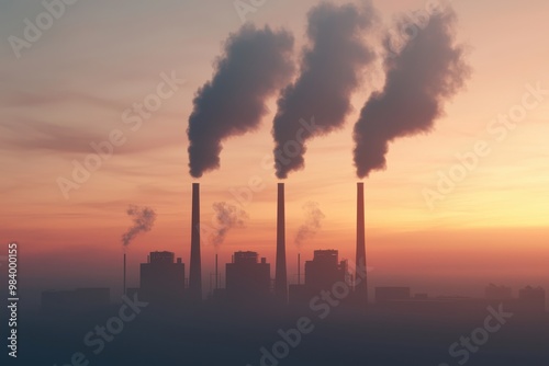 Smokestacks from an industrial plant release pollution into the air during sunset, representing air pollution, climate change, and environmental degradation. 