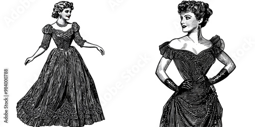 a vintage actress 1940s Hollywood glamour evening gown black and white isolated on white and transparent background