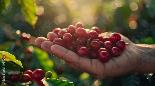 Hand holding fresh red coffee cherries in sunlit coffee farm. A moment of coffee harvest.