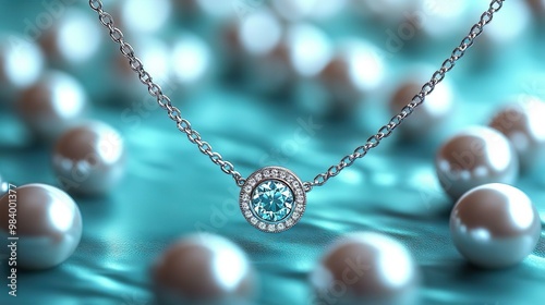 Jewelry, Proposal and Holiday Gift. Fancy Design of a Necklace in Platinum with Diamonds and Aquamarine. Platinum with Round Aquamarine and Diamonds.