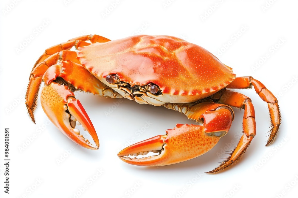 A bright orange cooked crab with claws raised isolated on a white background A bright orange cooked crab with claws raised isolated on a white background