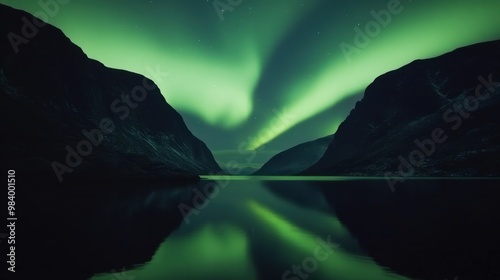 A breathtaking aurora borealis reflection shimmering on still water between two fjords surrounded by dark rocky landscapes in the scenic region of Tromso