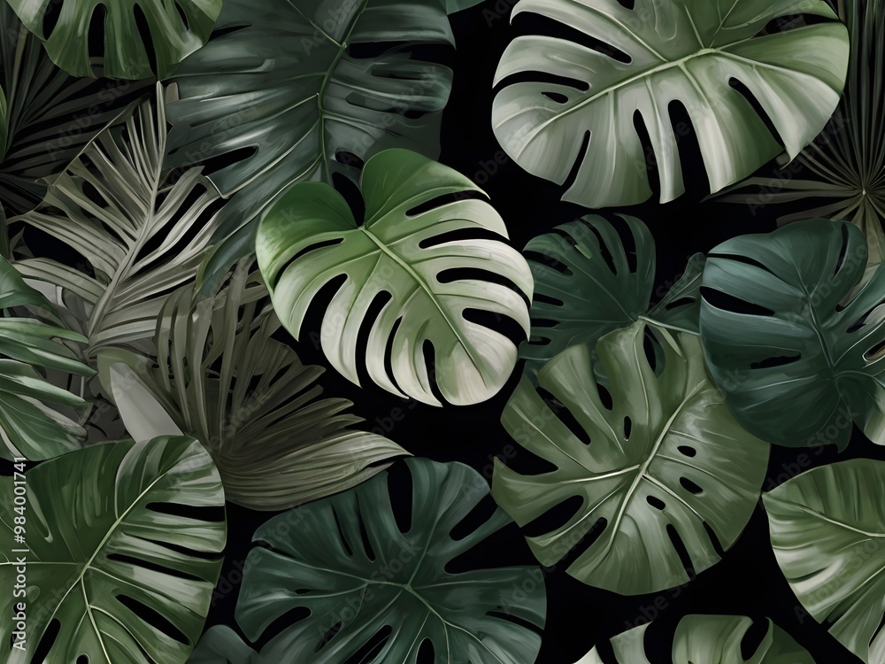 Fototapeta premium backdrop with lush tropical leaf patterns like monstera and palm, using dark green and emerald green.
