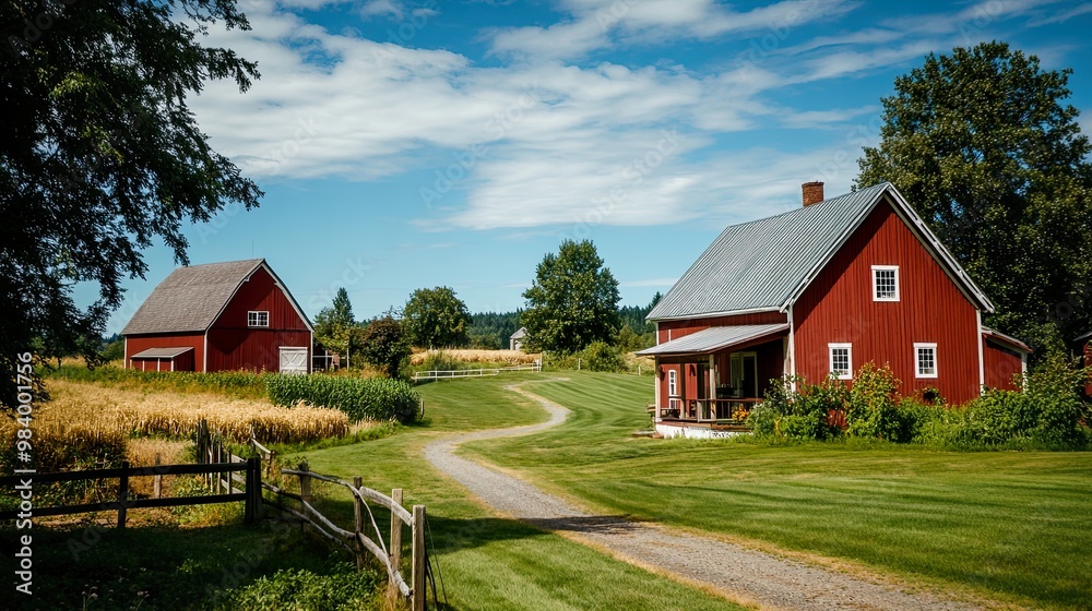 Charming red barns and a serene landscape. Charming red barns and a serene landscape.