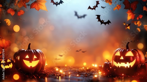 Halloween night frame background with decorated pumkins light garlands and bats for spooky haunted mysterious atmosphere