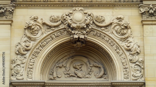 Ornate architectural detailing above an entrance.