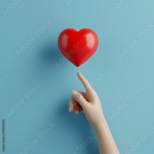 Hand pointing to 3d heart on speech bubble icon, 3d style