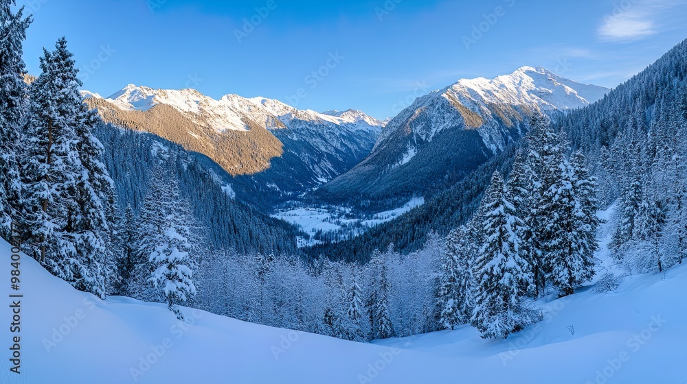 Snowy mountain landscape with evergreen trees. Snowy mountain landscape with evergreen trees.