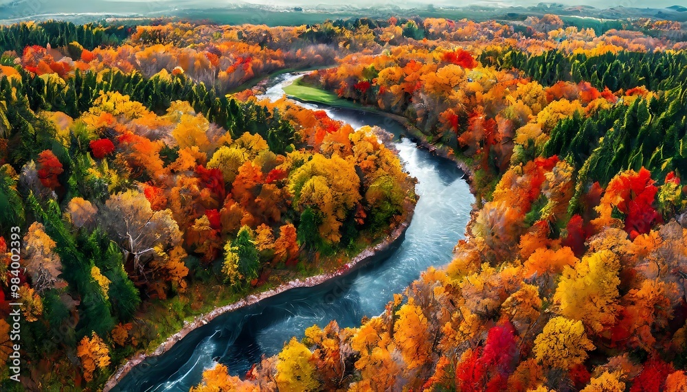 Obraz premium Aerial view of a vibrant autumn forest with a winding river, showcasing the beauty of fall foliage against a stunning natural landscape 