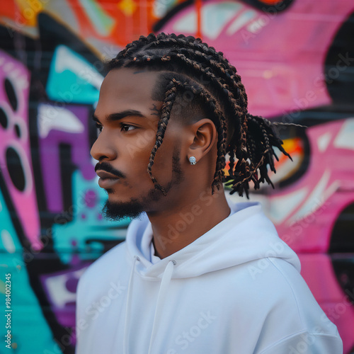 Stylish Portrait of Man with Cornrow Braids Against Graffiti Wall