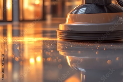 A close-up of a floor polishing machine being operated on a shiny surface,