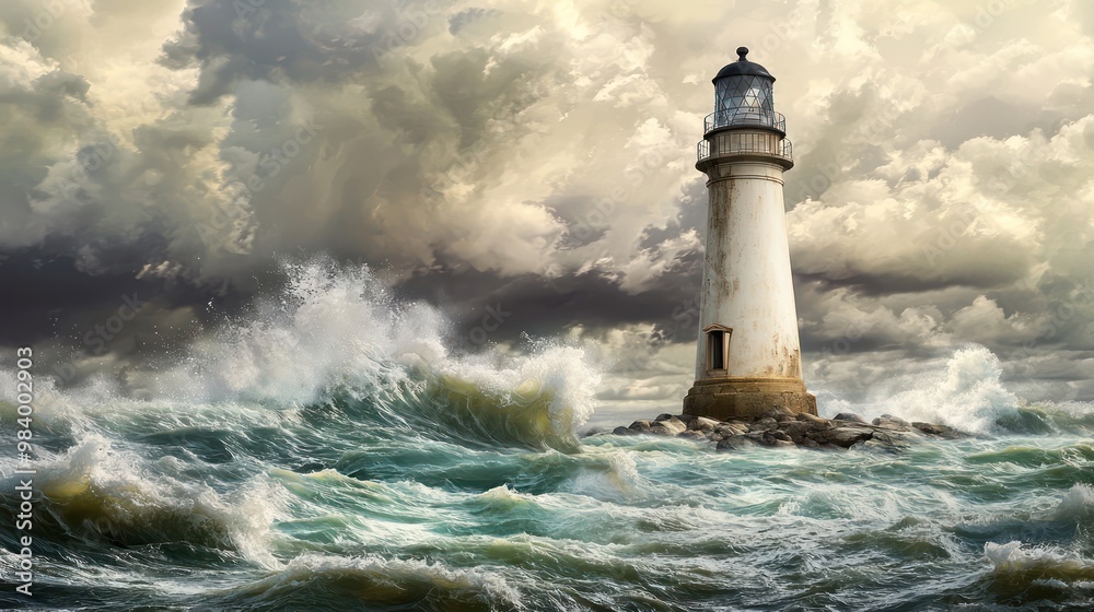 A coastal scene with a lighthouse painted in off-white, standing against a turbulent sea under stormy skies A coastal scene with a lighthouse painted in off-white, standing against a turbulent sea under stormy skies