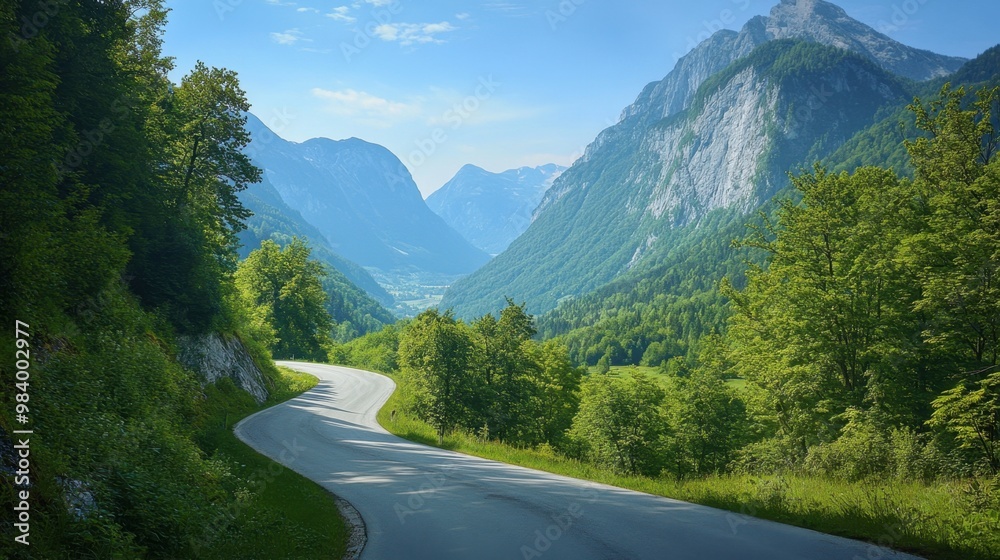 Winding asphalt road in the Austrian Alps surrounded by lush greenery and towering mountains under a clear blue sky Winding asphalt road in the Austrian Alps surrounded by lush greenery and towering mountains under a clear blue sky