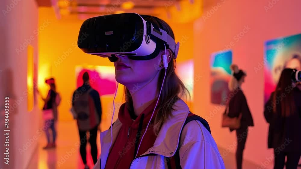 People engage with innovative virtual reality art pieces in a vibrant gallery space filled with colorful displays and immersive experiences. People engage with innovative virtual reality art pieces in a vibrant gallery space filled with colorful displays and immersive experiences.