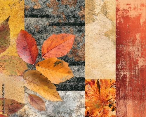 A collage of autumn leaves superimposed on aged wall textures.