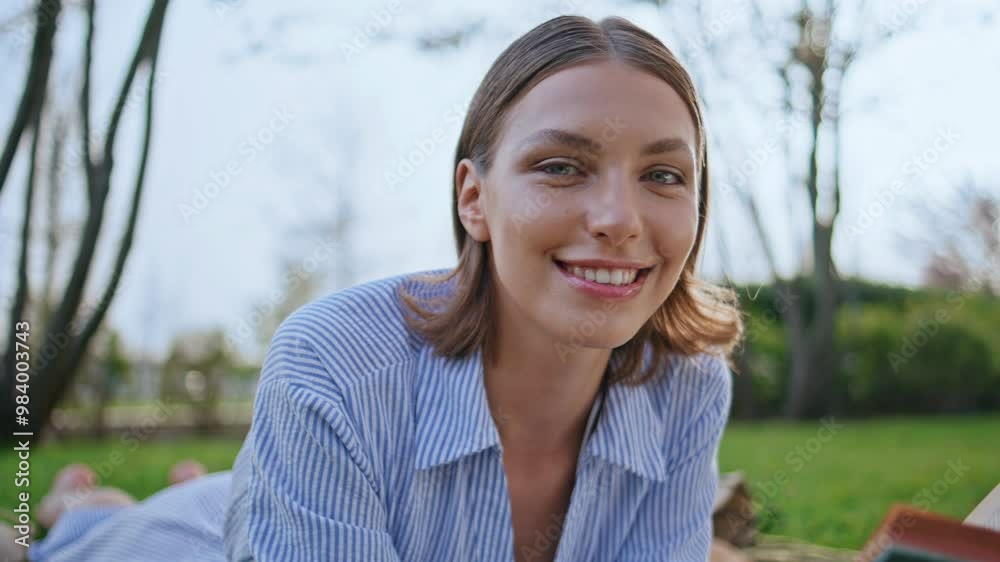 Romantic lady smiling nature park holding book closeup. Carefree woman picnic Romantic lady smiling nature park holding book closeup. Carefree woman picnic