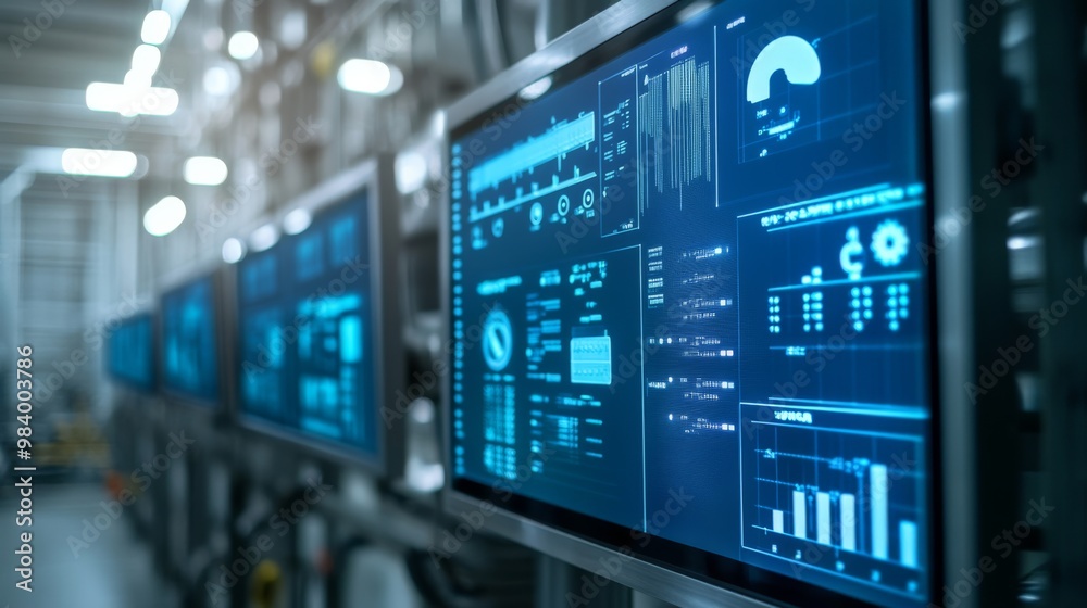 AI-powered dairy farm management system, close-up of screens and monitoring equipment, AI-powered dairy farm management system, close-up of screens and monitoring equipment,