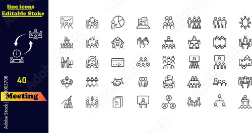 Meeting stroke outline icon set, featuring icons for seminars, business meetings, presentations, interviews, conferences, assemblies, agreements, and discussions.