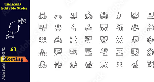 Meeting stroke outline icon set, featuring icons for seminars, business meetings, presentations, interviews, conferences, assemblies, agreements, and discussions.