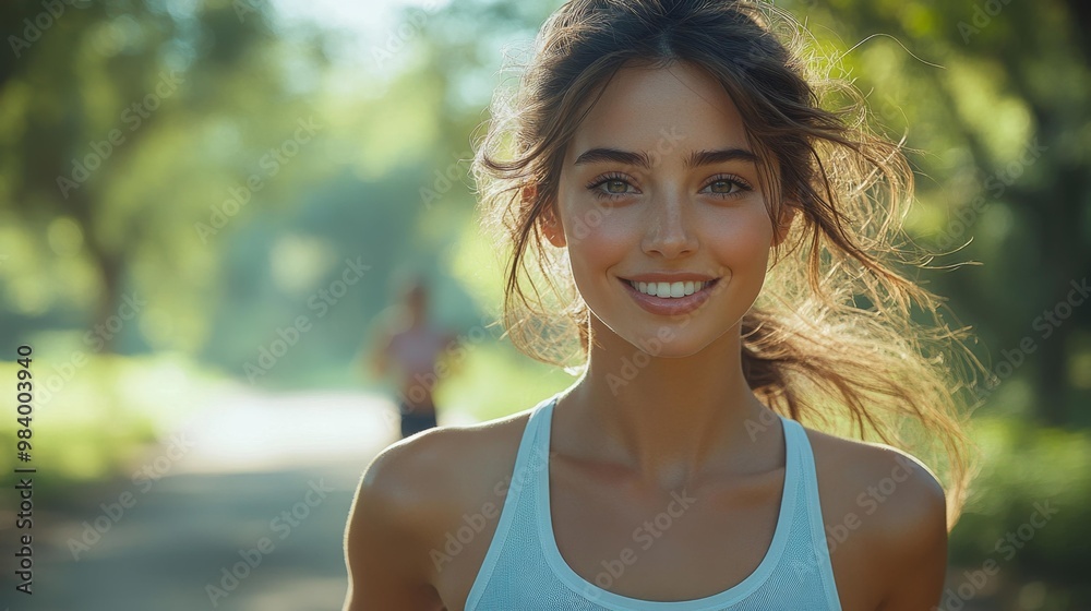 Young Woman Smiling During Outdoor Run in Nature Generative AI