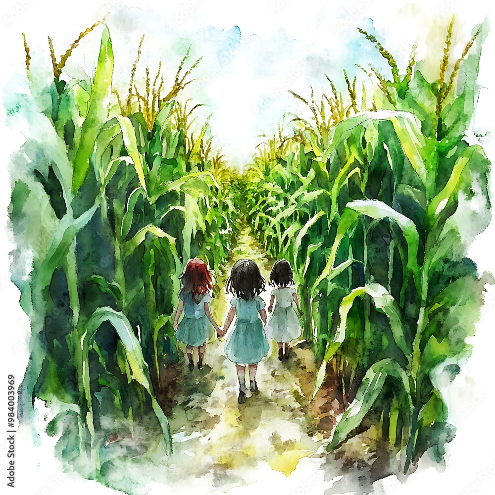 Obraz premium Three Girls Walking Through a Cornfield.