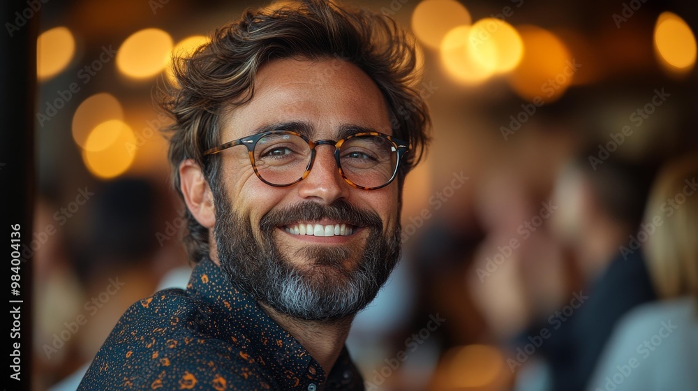 Smiling Bearded Man with Glasses in a Warm Setting Generative AI Smiling Bearded Man with Glasses in a Warm Setting Generative AI