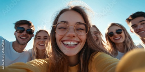 happy young friends taking a group selfie