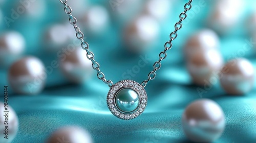 Jewelry, Proposal and Holiday Gift. Fancy Design of a Necklace in Platinum with Diamonds and Pearl. Platinum with Round Pearl and Diamonds.