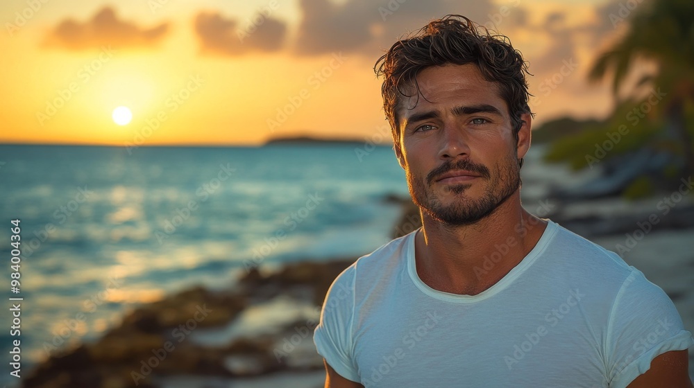 Man in White Shirt Posing by the Ocean at Sunset Generative AI